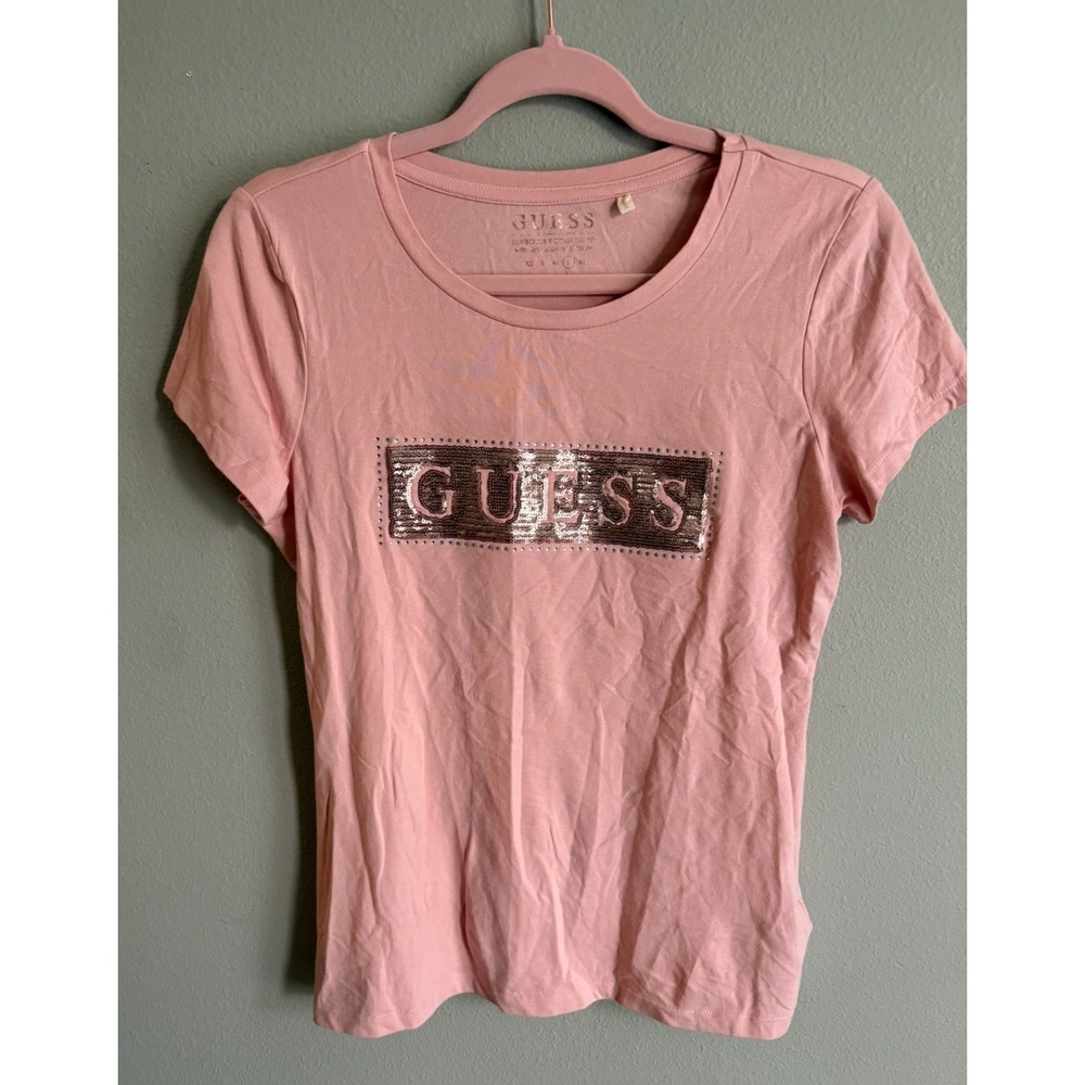 GUESS Pink Sequin Logo T-Shirt Women's‎ Size L Organic Cotton Short Sleeve